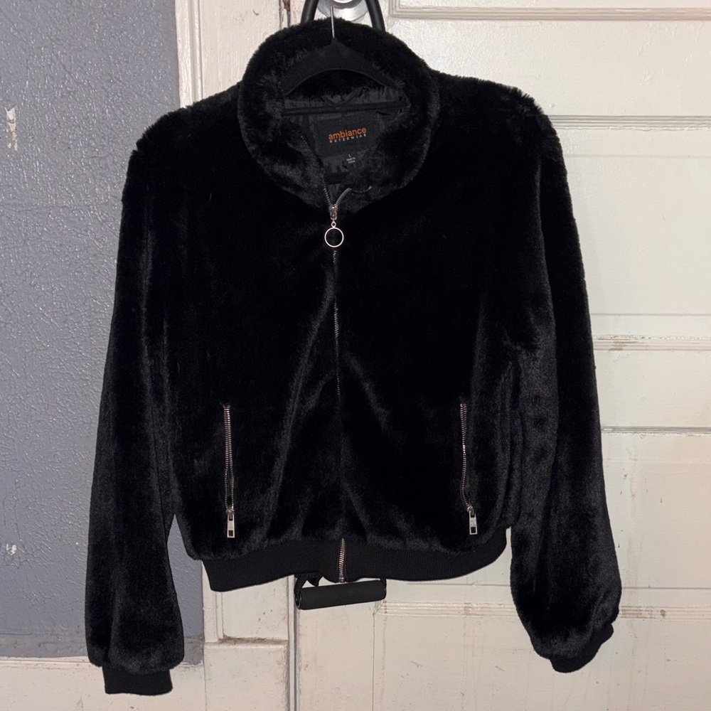 Ambiance Black Plush Zip-Up Teddy Jacket